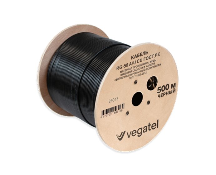 Кабель коаксиальный VEGATEL RG-58 A/U Cu (ГОСТ, PE, черный) бухта 500м